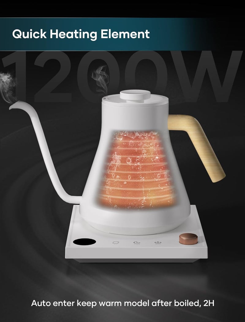 intasting Electric Kettles, Gooseneck Electric Kettle, ±1℉ Temperature Control, Stainless Steel Inner, Quick Heating, for Pour Over Coffee, Brew Tea, Boil Hot Water, 0.9L White - Image 3